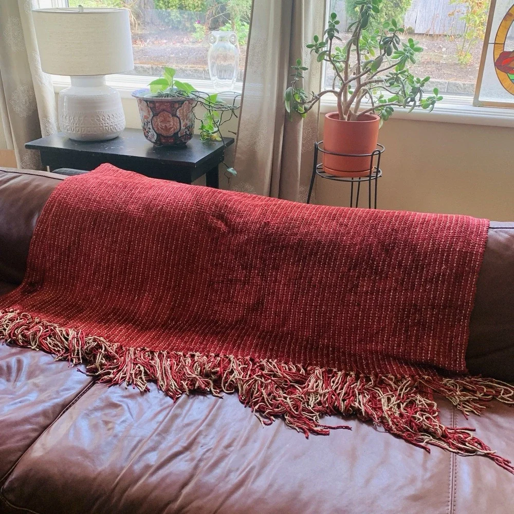 Restoration Hardware Chenille Fringe Throw Blanket Heavy Red Tan Stripe Holiday